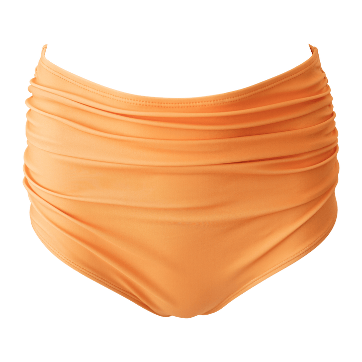 Flat Lay picture of ruched orange high waist swimsuit bottoms