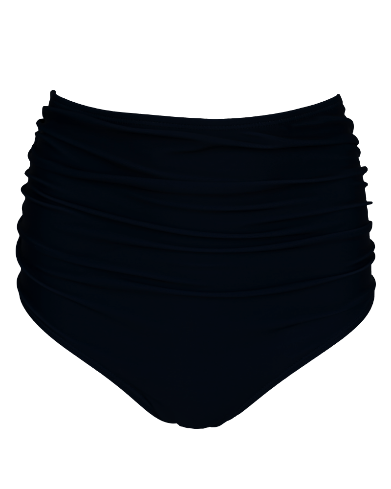 A flat lay image of black high waisted swimsuit bottoms.