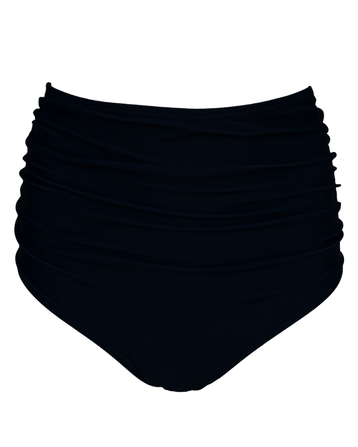A flat lay image of black high waisted swimsuit bottoms.