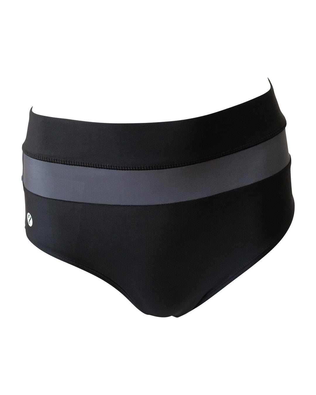 A flat lay image of black and grey color blocked high waisted swimsuit bottoms.