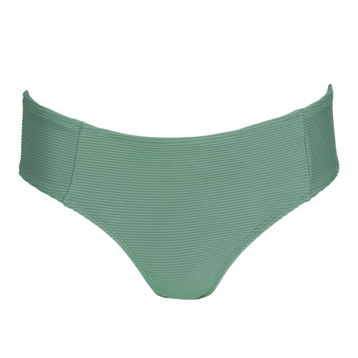 Textured green full coverage bikini bottoms on a white background. 