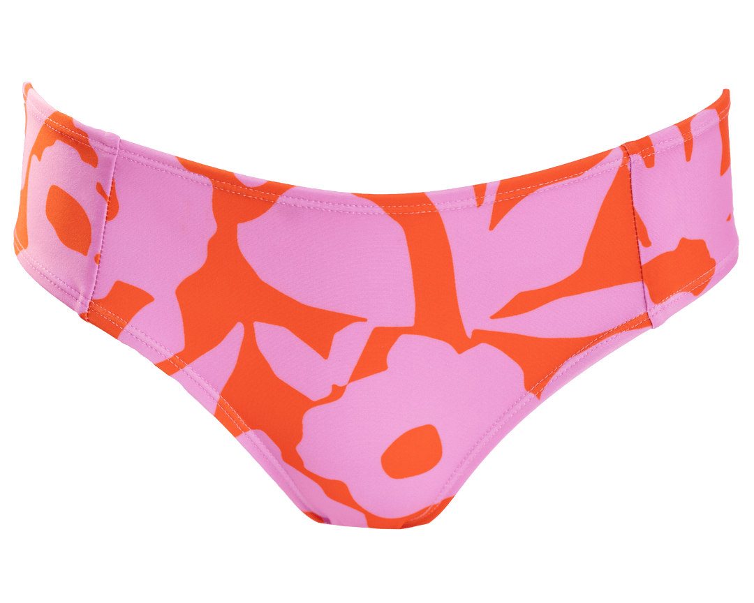 A flat lay image of a pink and red floral bikini bottom.