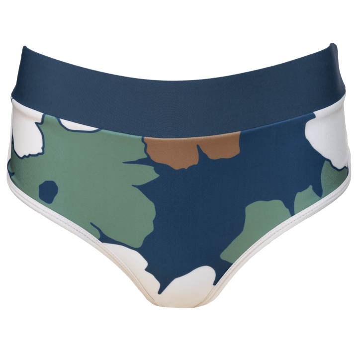 Floral patterned mid rise swim bottoms. floral pattern has ivory, green, navy, and brown flowers on a white background.