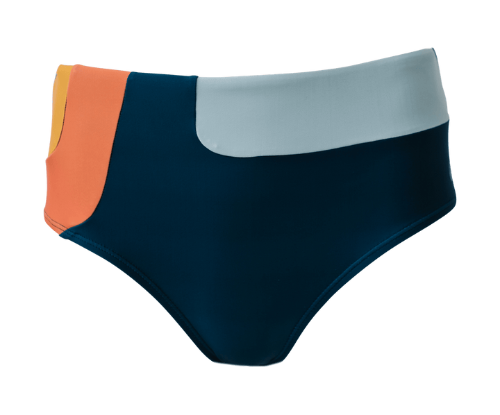 Product flat lay of a blue, white, orange, and yellow patterned swimsuit bottom. 