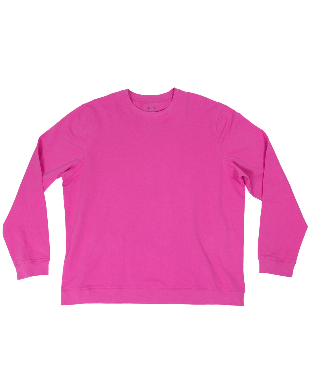 A flat lay image of a hot pink crewneck sweatshirt.