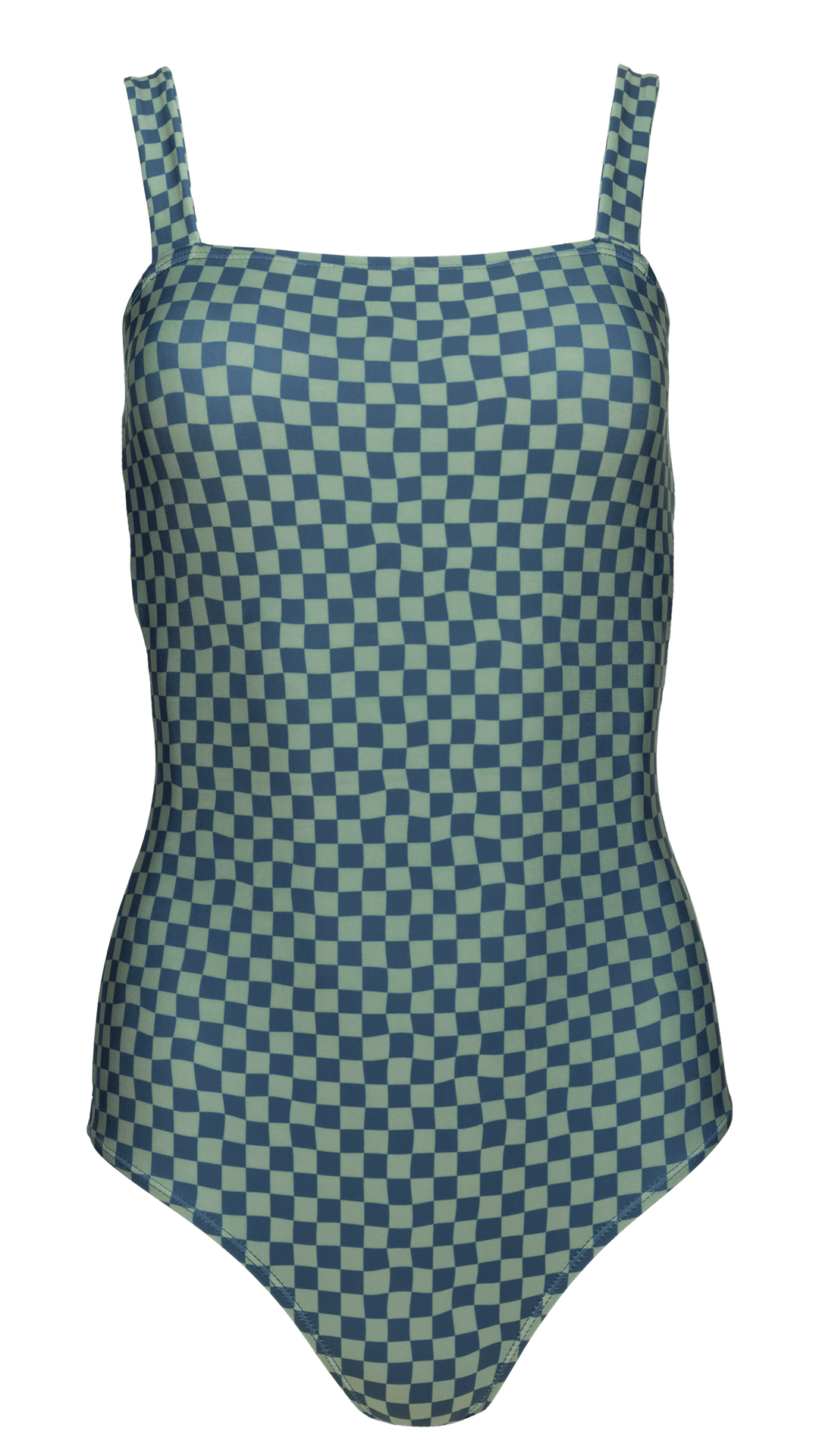Blue and green checkered one piece swimsuit. Swimsuit on a white background.