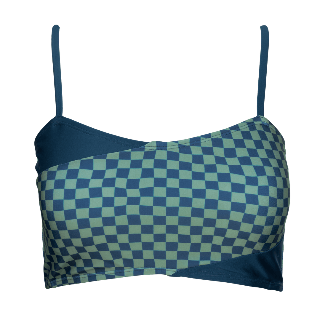 Swim top with checkered navy and green print. Top on a white background