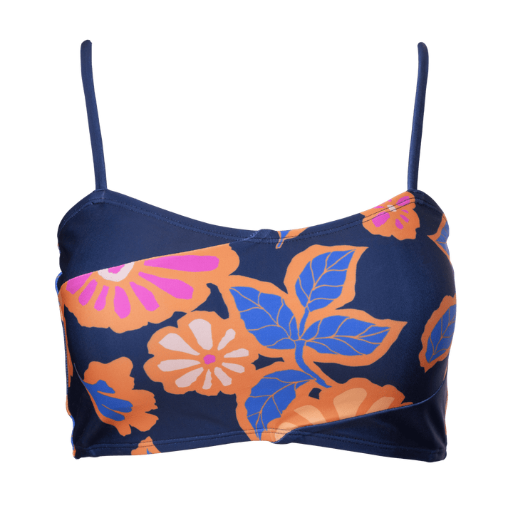 Flat lay image of bold floral patterned swimsuit top.