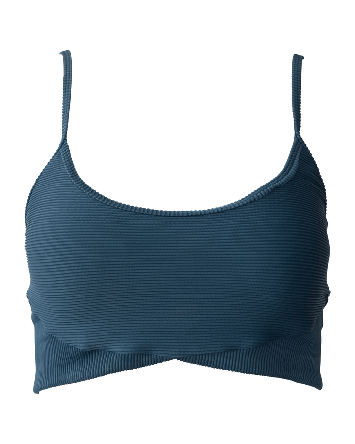 Textured navy swim stop with adjustable straps and a higher center meeting at a v. Swim top on a white background. 