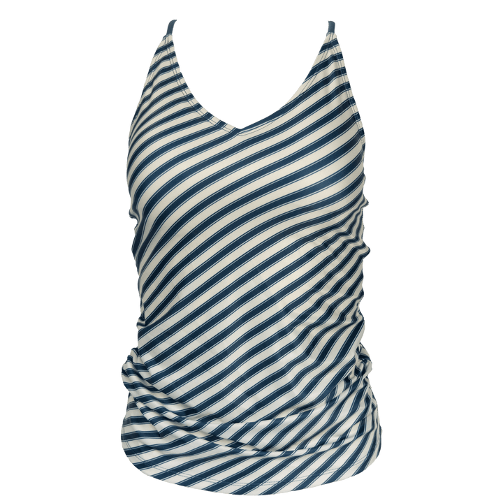 Navy and ivory stripes at a diagonal on a v neck tankini swim top. Swim top on a white background. 